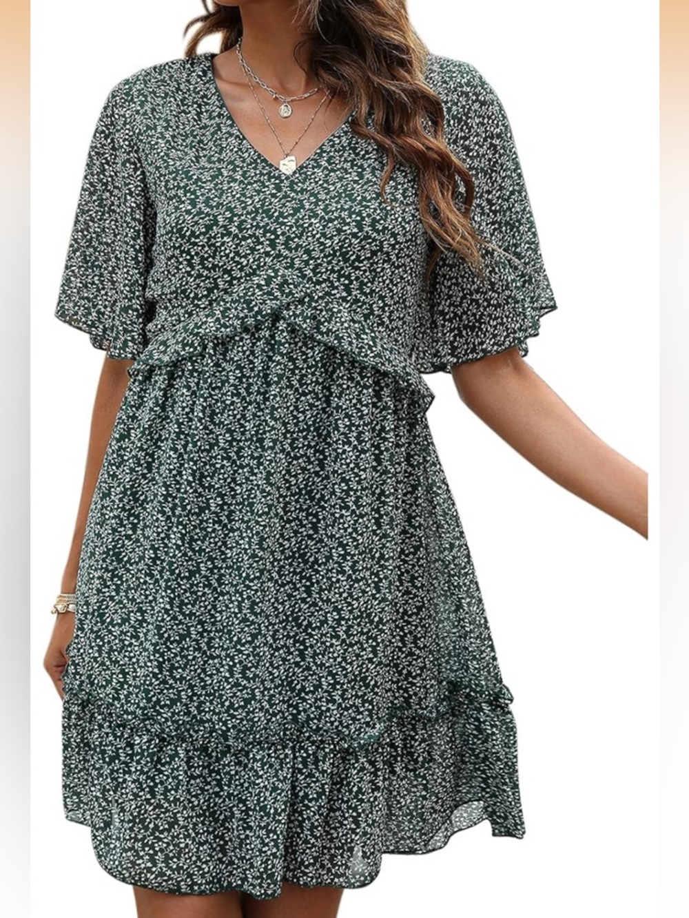 Manydress Green Floral V-Neck Midi Dress